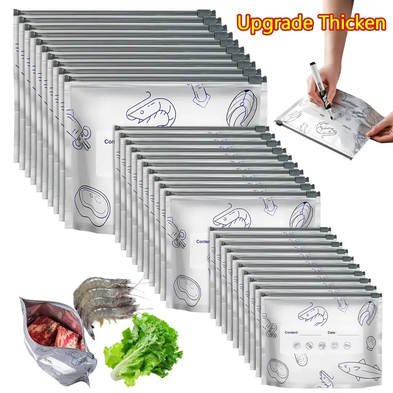 (30pcs )Reusable Aluminum Foil Sealable Storage Bags, 2026 New Resealable Vacuum Zipper Pouches for Food, Stand Up Foil Sealable Bags with Label and Zip Lock for Vegetable Fruit Meat