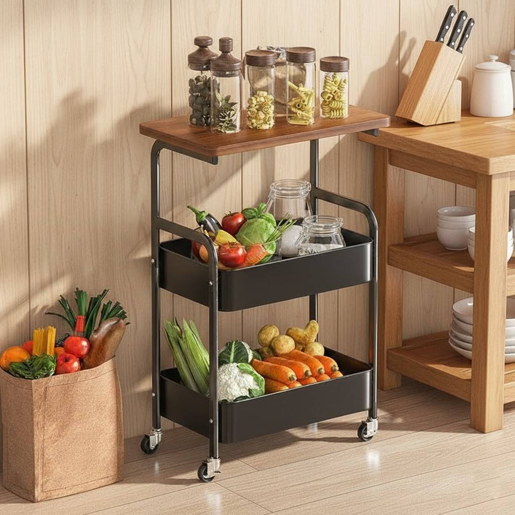 Mobile Rolling Storage Cart with Wood Tabletop
