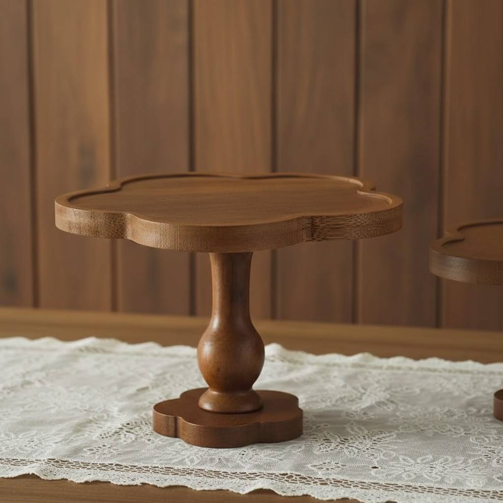 French Vintage Solid Wood Scalloped Pedestal Tray