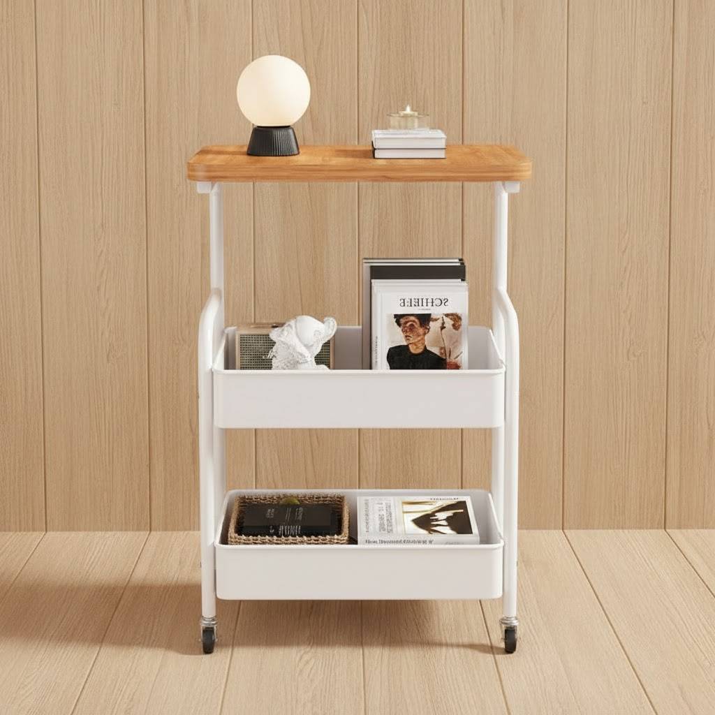 Mobile Rolling Storage Cart with Wood Tabletop