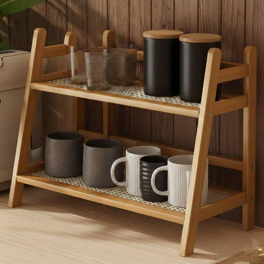 Natural Bamboo & Rattan-Style Multi-Tier Desktop Organizer